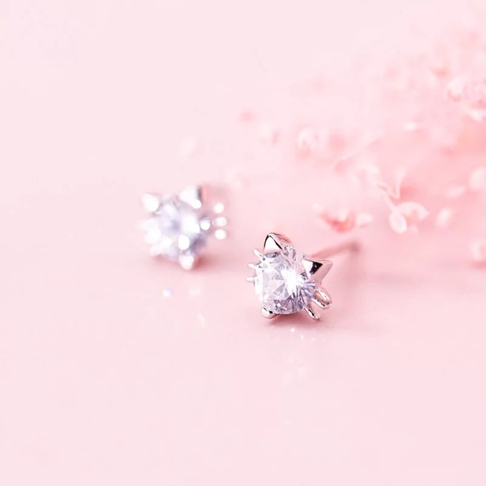 New Sterling Silver 925 Crystal Cat Stud Earrings pair